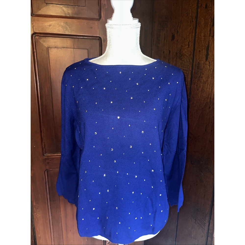 Ruby Rd. Womens XL Pullover Top Sweater‎ Blue Embellished Jewels EUC